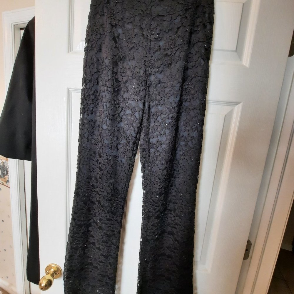 Lace pants, Black Lace w/beads high waisted side zipper pants, flare leg, size 4